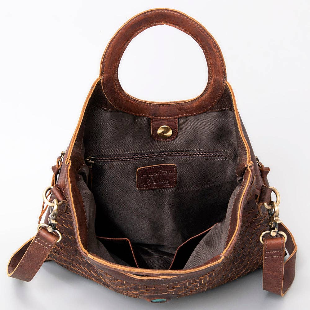 Handwoven Western Leather Tote Bag with Turquoise Stone Accent