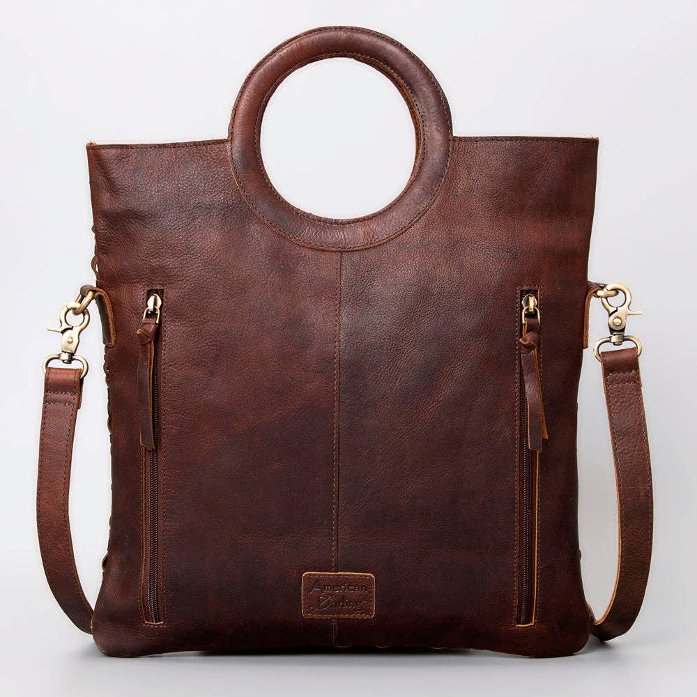 Handwoven Western Leather Tote Bag with Turquoise Stone Accent